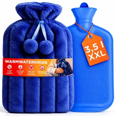 Produktbild von Wärmflasche Wärmekissen - 3,5 Liter - Gummi mit Plüschbezug - Blau