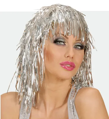 A woman wearing a silver tinsel wig and makeup.