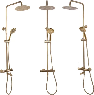 Three views of a gold-colored shower fixture set against a white background.