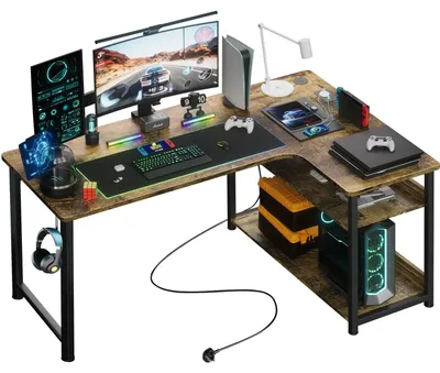 Obrázek produktu pro Herní stůl, tvar písmene L, integrované USB nabíjení, hnědý