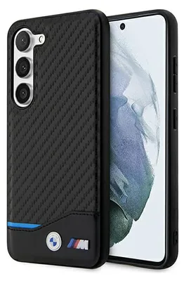 A black phone case with BMW branding is shown next to a smartphone.