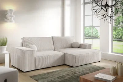 Produktbild von Ecksofa MINI NEW MAX von ANTONIO L-Form mit Schlaffunktion und Bettkästen in Hellbeige Cordbezug, Schenkel Ottomane rechts oder links