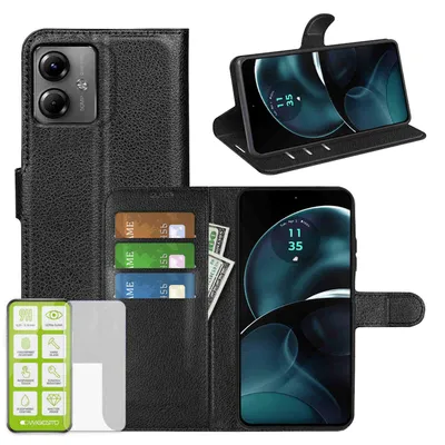 Obrázek produktu pro Pouzdro na mobilní telefon Motorola Moto G34, černé, z umělé kůže + tvrzené sklo H9