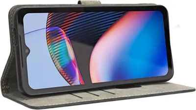 A smartphone in a black flip case, displayed horizontally.