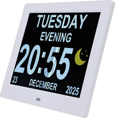 Produktbild von Digitaler Kalender-Wecker mit Tagesdatum, 8-Zoll-Großbildschirm, automatischer Bildhelligkeitsanpassung, Videowiedergabe, Fernbedienung und Alarmfunktion