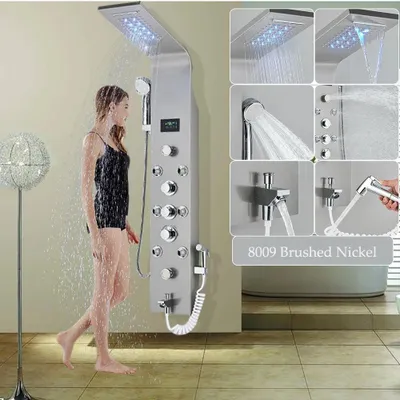 Produktbild von LED Duschpaneel 8009 - Duschsäule - 6 Funktionen Regen- und Wasserfallbrause - Massagejets mit Handbrause - Wannenauslauf - Blaues LED-Licht - Wandmontage gebürstetes Nickel