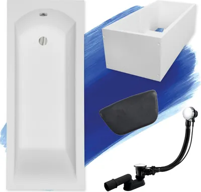 Image de Baignoire rectangulaire Set 5in1 180x80 avec vidage Premium et pieds S + support de baignoire + appui-tête en noir | BADLAND SHEA