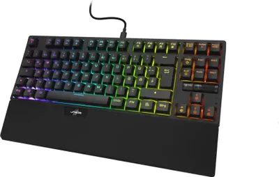 A black gaming keyboard with RGB lighting and a wrist rest, shown from a slightly elevated front-left angle against a white background.