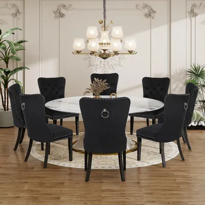 Image de Ensemble de 8 chaises de salle à manger Puluomis, revêtues en velours, pour cuisine, fauteuils rembourrés pour salle à manger, avec pieds en bois massif et détails en forme de clous, couleur gris, élégantes et raffinées, également disponibles en noir