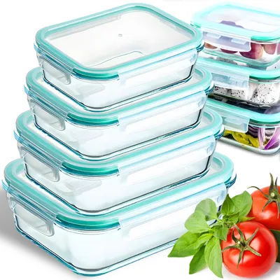 Produktbild von 4 sklenené nádoby na skladovanie potravín s vekom box na obed do mrazničky box na obed do mikrovlnnej rúry 4 nádoby 4 viečka bez BPA boxy na prípravu jedla Retoo
