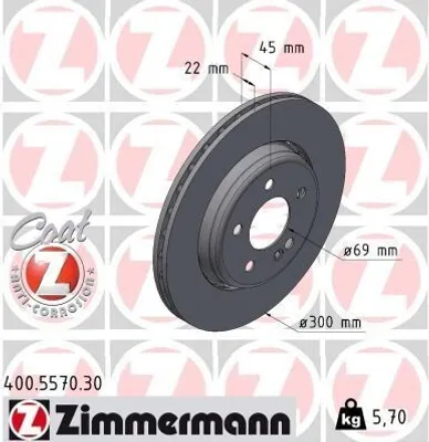 Produktbild von 2x ZIMMERMANN Bremsscheibe 400.5570.30 45mm 5 7kg 300mm