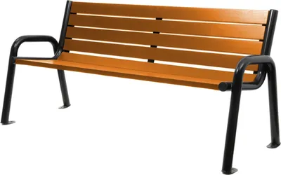 A product shot of a wooden and metal park bench.