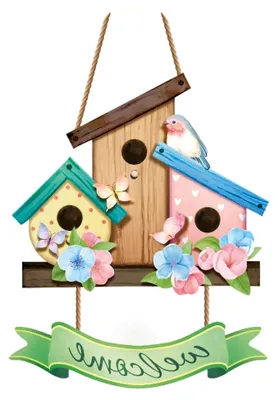 Produktbild von Willkommensschild für die Haustür im Frühling, mit Blumen und Tauben aus Holz (29x20x0,5 cm), Dekoration für das Zuhause