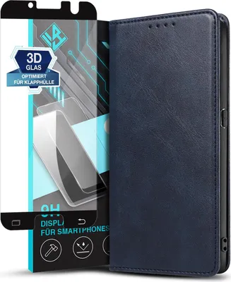 Produktbild von Handyhülle für Samsung Galaxy S7 mit 9H Displayglas Kunstleder Flip Cover Hülle Handytasche Case Kartenfach Farbe: Blau