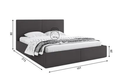 A king-sized bed with a headboard, mattress, and bedding, along with dimensions indicated by measurement lines.