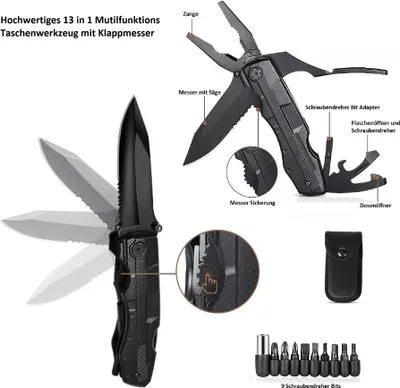 Produktbild von Multitool Messer Zange Taschenmesser Werkzeug 9 Bits & Tasche