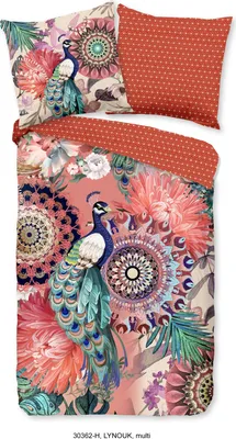 A flat lay of a duvet cover and pillowcase with a peacock and mandala design.