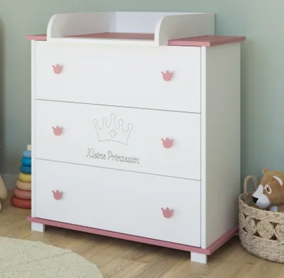 Produktbild von Wickelkommode Kommode Wickeltisch mit Wickelaufsatz mit 3 Schubladen und Kleine Prinzessin Gravur in weiss pink Mädchen  Europe