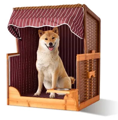Image de Fauteuil de plage pour chien Relaxdays, en rotin, avec gamelle, fauteuil pour chien avec auvent, dimensions : 95 x 75 x 65 cm, jardin et terrasse, bois, rouge foncé