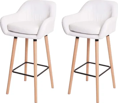 Two white bar stools with wooden legs are shown against a white background.