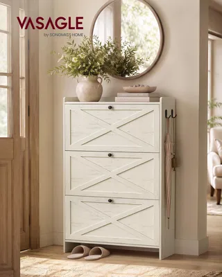 Obrázek produktu pro VASAGLE Úzká botníková skříň se 3 dvířky, rustikální styl, pro 24 párů bot, rozměry 83 x 24 x 142,6 cm, bílá barva