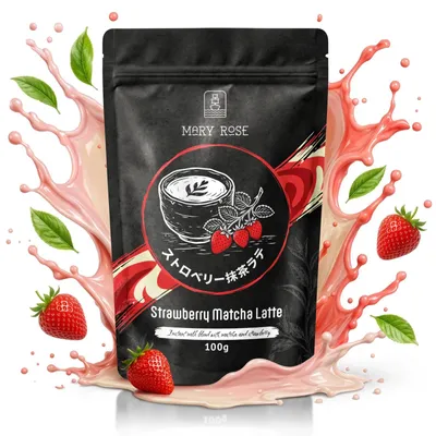 Produktbild von Mary Rose - Strawberry Matcha Tee Latte Instant Pulver 100g - Mit Matcha aus Japan und Erdbeere - Schnelle Zubereitung - Hoher Ballaststoffgehalt