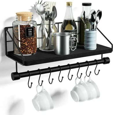 Image de Etagère murale de cuisine avec crochets et porte-serviettes, noir