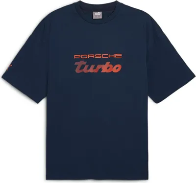 Produktbild von Porsche Legacy T-Shirt Turbo Puma, Offizieller Fanartikel, Dunkelblaues T-Shirt mit Porsche Turbo Schriftzug in Orange im Oversized-Schnitt, 100% Baumwolle