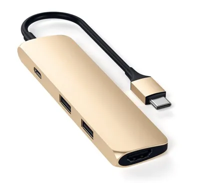 A gold USB-C multi-port adapter with a black cable and USB-C connector, shown against a white background.