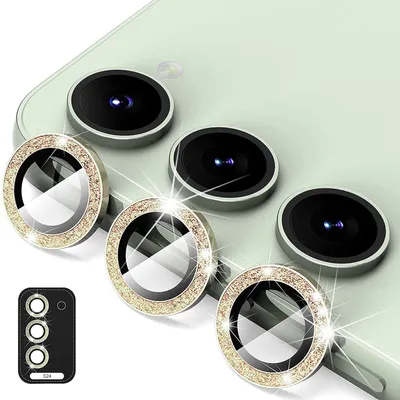 Image de Pour Samsung Galaxy S24 : anneau en aluminium pailleté pour l'appareil photo + verre trempé H9 doré