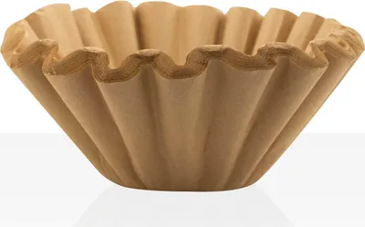 A close-up studio shot of a brown, pleated coffee filter.