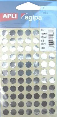 A package of round, self-adhesive silver marking dots.