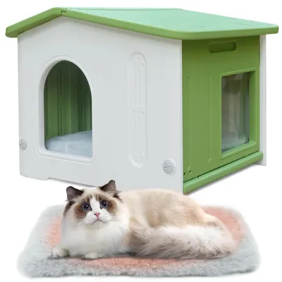 Produktbild von Outdoor Katzenhaus Kunststoff Wetterfest Spitzdach Grün für Kleine Mittlere Haustiere