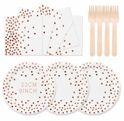 Party-Einwegset 72-teilig, 24 Gäste, Pappteller 23 cm, Weiß/Roségold