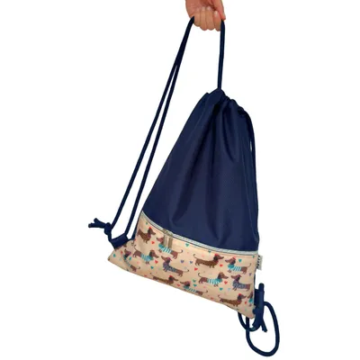 Produktbild von Beutelrucksack wasserdichte Gymbag, Sportbeutel, Turnbeutel - DOTTY – Marineblau mit gemusterter Tasche im Tierdesign - Dackeln