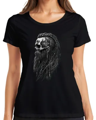 Productafbeelding van Wikings: T-shirt met afbeelding van een schedel, baard, runen, afbeeldingen van Noormannen, Valhalla, krijger, Odin. Damesmodel, zwart, maat L
