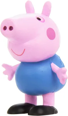 A small toy figure of George Pig from Peppa Pig, standing on a white background.