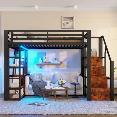 Produktbild von okwish Hochbett 140×200 mit Schutzgeländer und Stauraumtreppe, Jugendbett mit LED und Fächern,Einzelbett in Schwarz,ohne Matratze