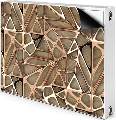 A radiator cover with a copper and wood pattern.