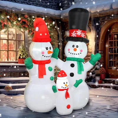 Produktbild von Aufblasbarer Schneemann Familie, Weihnachtsdeko mit LED, Polyester, Weiß | 165 x 80 x 180 cm | 1,8 m hoch | wetterfest