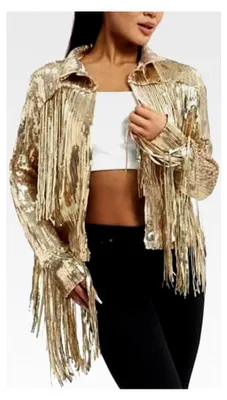 Produktbild von Paillettenjacke Damen Glitzer Fransenjacke Langarm Bomberjacke Disco Thema Country Konzert Rave Festival Outfits Reißverschluss Fliegenjacke Bikerjacke Blazer Clubwear