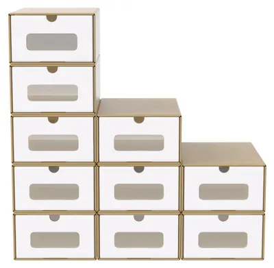 Image de Boîtes de rangement pour chaussures - Cartons pliables pour chaussures - Papier kraft - Fenêtre transparente - Empilables - Lot de 10 - Marron