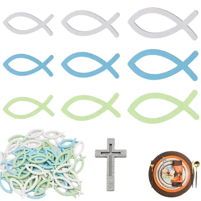 Hölzerne Fisch-Kreuz-Deko, 100 Stück, Taufe, Kommunion, 3-5 cm