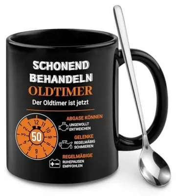 Immagine prodotto di Tazza da caffè per il 50° compleanno, uomo, in Vetroceramica nera, capacità 350 ml, con cucchiaino