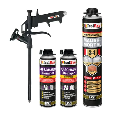 Produktbild von Isolbau Mauermörtel Pistolenschaum SET - Teflon Schaumpistole, 2 x PolyurethanReiniger Montageschaum Klebeschaum PolyurethanMörtel 1 x 750ml