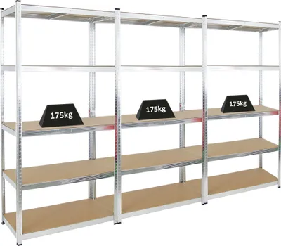 Produktbild von Mega Deal | 3x Schwerlastregal Giant Ragnar | HxBxT 200x100x50cm | 5 MDF-Platten-Ebenen | Fachlast 175kg | Verzinkt