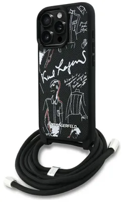Image de Étui KARL LAGERFELD pour iPhone 16 Pro KLHCP16LPGGRMPCK, compatible avec MagSafe (CRSSBY,Polyuréthanegrainé avec motif et logo), noir