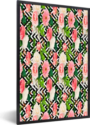 Produktbild von MuchoWow® MuchoWow® Gerahmtes Poster Blumen - Muster - Rosen - Gerbera 60x90 cm - Poster mit zchwarzem Bilderrahmen - Kunst
