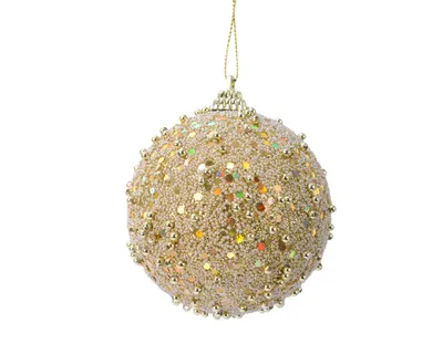 Produktbild von Weihnachtskugeln Kunststoff 8cm Perlen Pailletten 12er Set - Hellgold