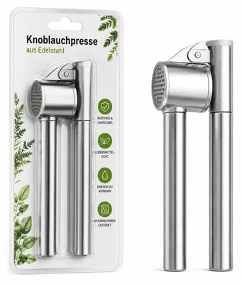Produktbild von Knoblauchpresse Edelstahl mit ergonomischem Griff & starkem Hebel, KI-generiertes Bild